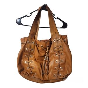 Michael Kors Astor Grommet Shoulder Tote Large Handbag Brown Tassel & Lace